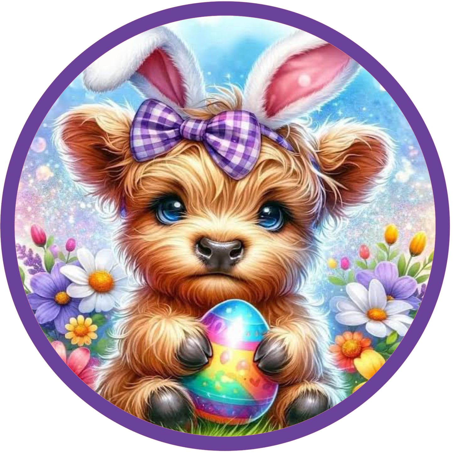 round metal wreath sign with highland cow wearing bunny ears holding an Easter egg surrounded by flowers 