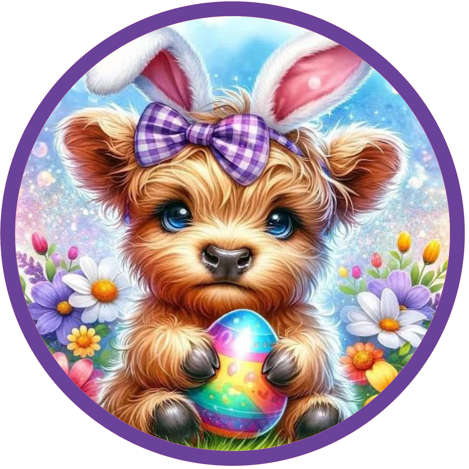 round metal wreath sign with highland cow wearing bunny ears holding an Easter egg surrounded by flowers 