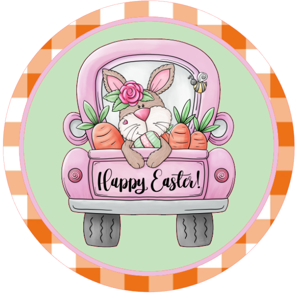 Round Easter-themed metal wreath sign design with a bunny in a truck, carrots, and 'Happy Easter!' text with a  checkered border.