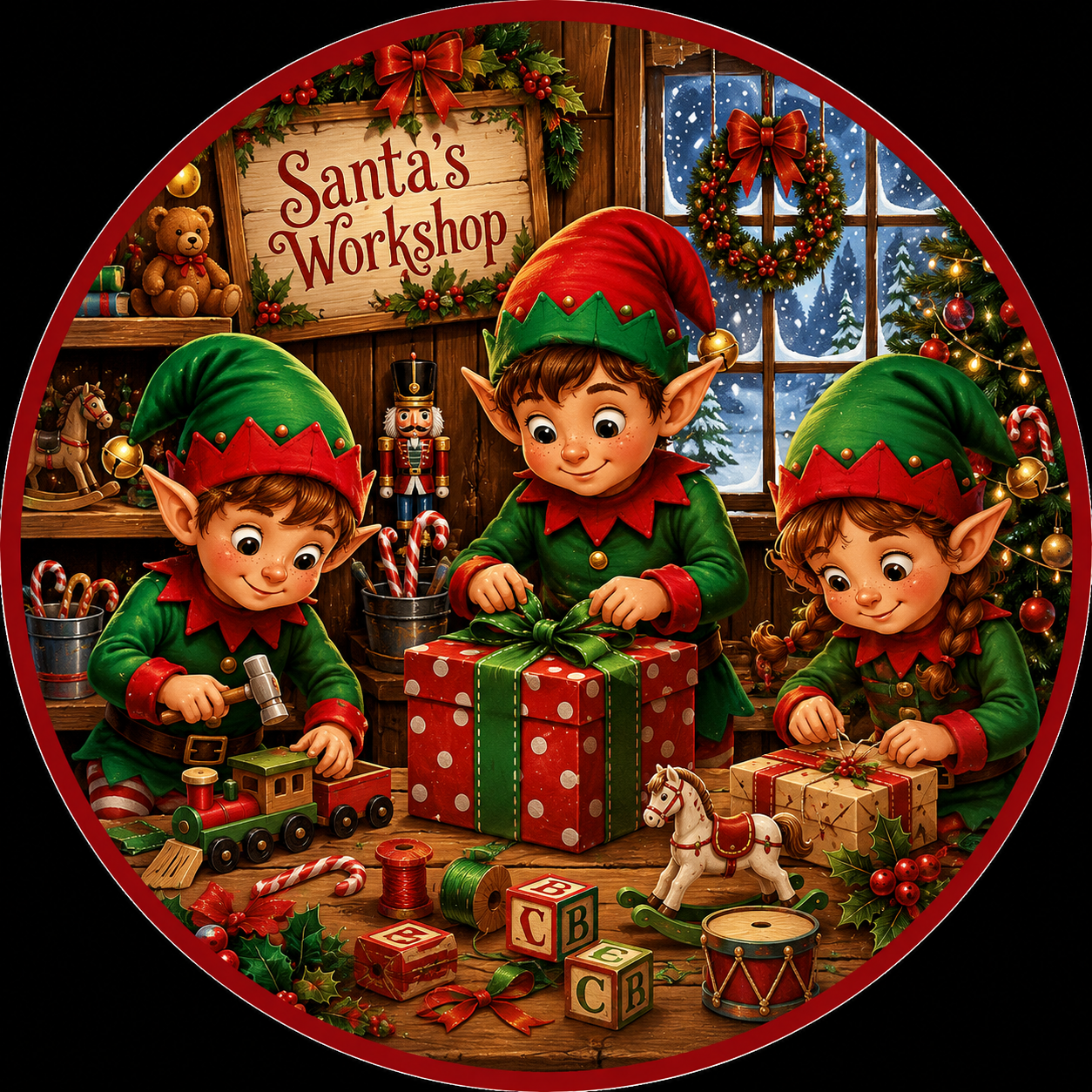 Round metal wreath sign with a trio of Elves working in "santa's workshop" by Monkey's Creations. 