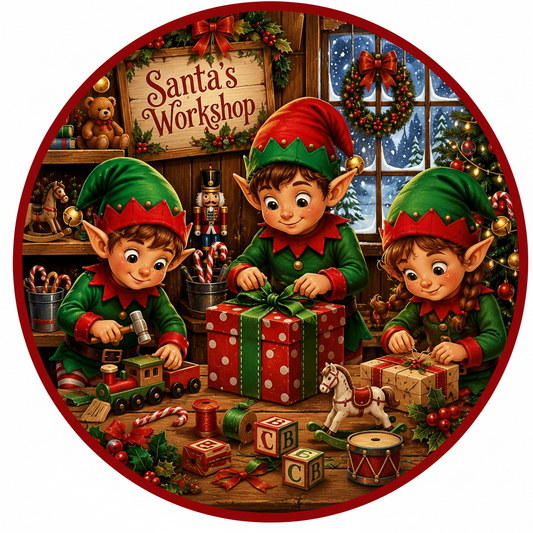 Round metal wreath sign with a trio of Elves working in "santa's workshop" by Monkey's Creations. 