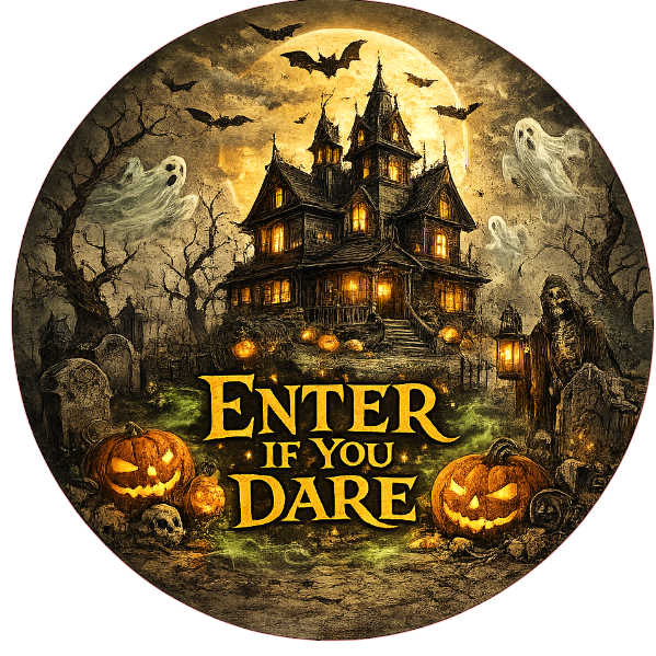 Round Halloween-themed metal wreath sign with haunted house and pumpkins, featuring the text 'Enter if you dare' by Monkey's Creations.