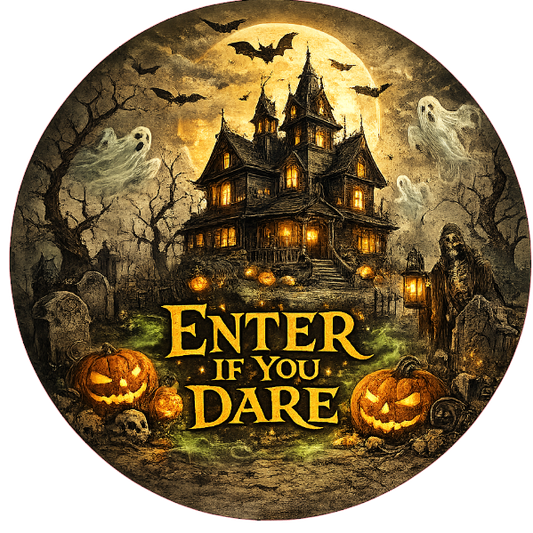 Round Halloween-themed metal wreath sign with haunted house and pumpkins, featuring the text 'Enter if you dare' by Monkey's Creations.