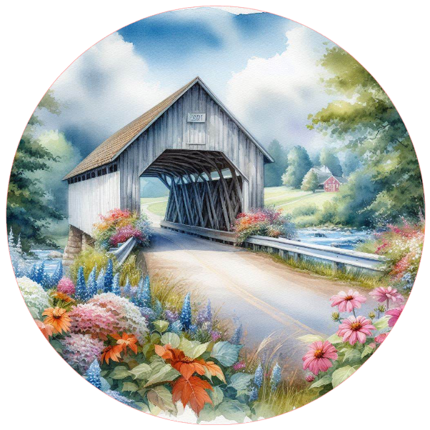 Covered bridge with flowers and trees 