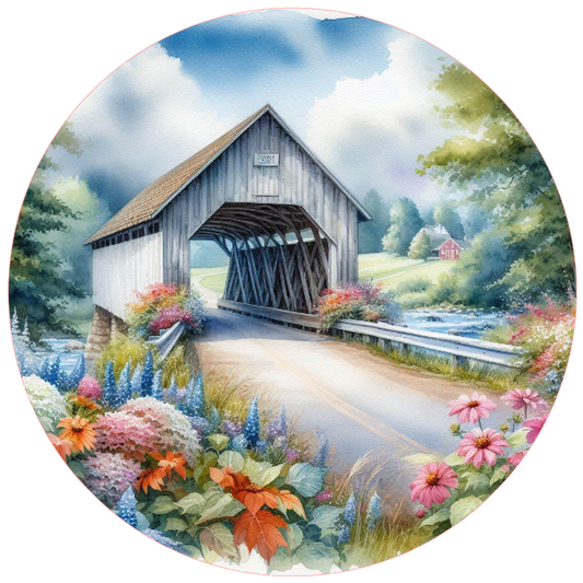 Covered bridge with flowers and trees 