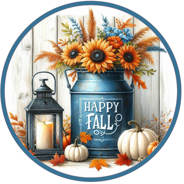 'Happy Fall' milk can filled with sunflowers along with a lantern and pumpkins 