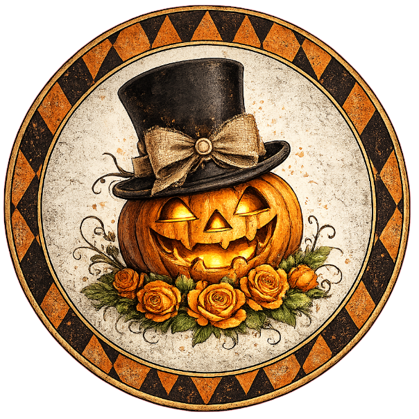 Round Halloween themed metal wreath sign with a pumpkin wearing a top hat and bow tie by Monkey's Creations.