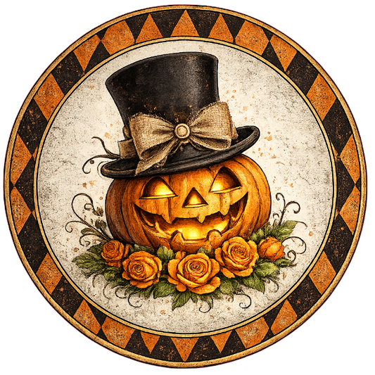 Round Halloween themed metal wreath sign with a pumpkin wearing a top hat and bow tie by Monkey's Creations.