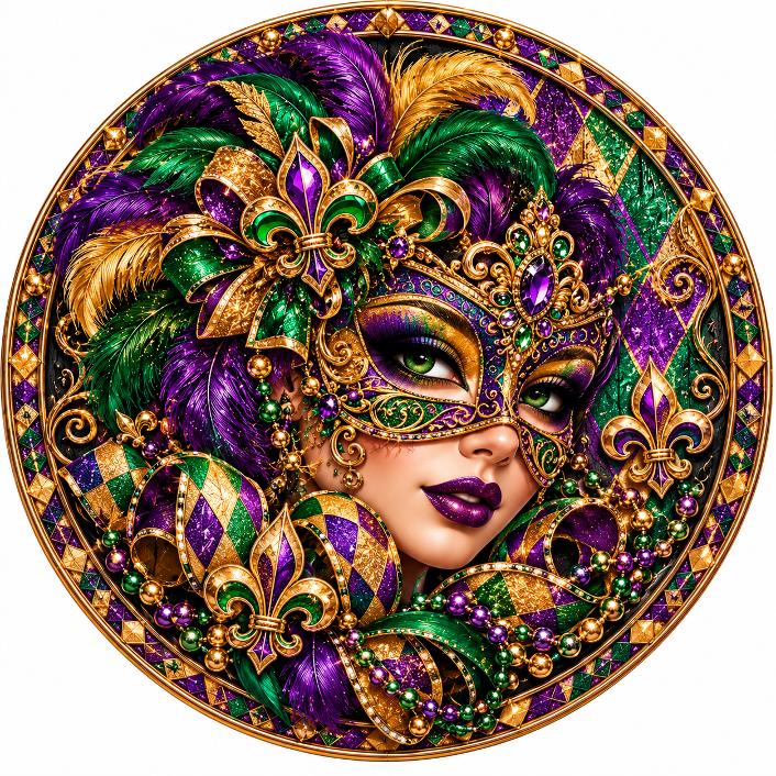Round metal wreath sign by Monkey's Creations featuring a lady in a mask surrounded by feathers and a harlequin pattern in green, gold and purple. 