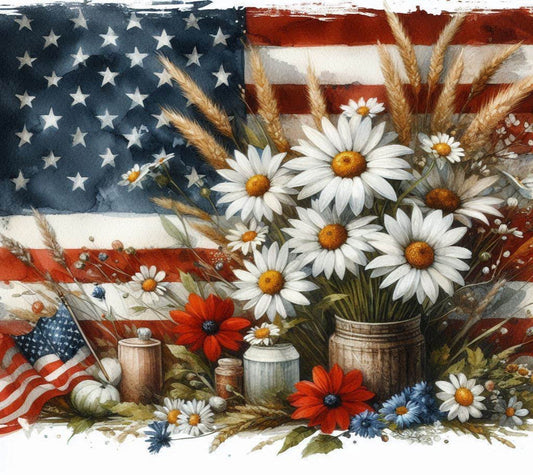 American flag with flowers and rustic elements