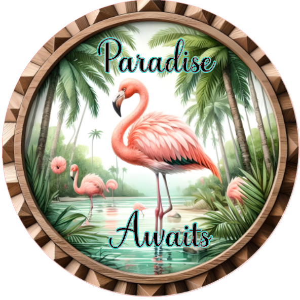 Flamingos and palm trees, featuring the text 'Paradise Awaits'.