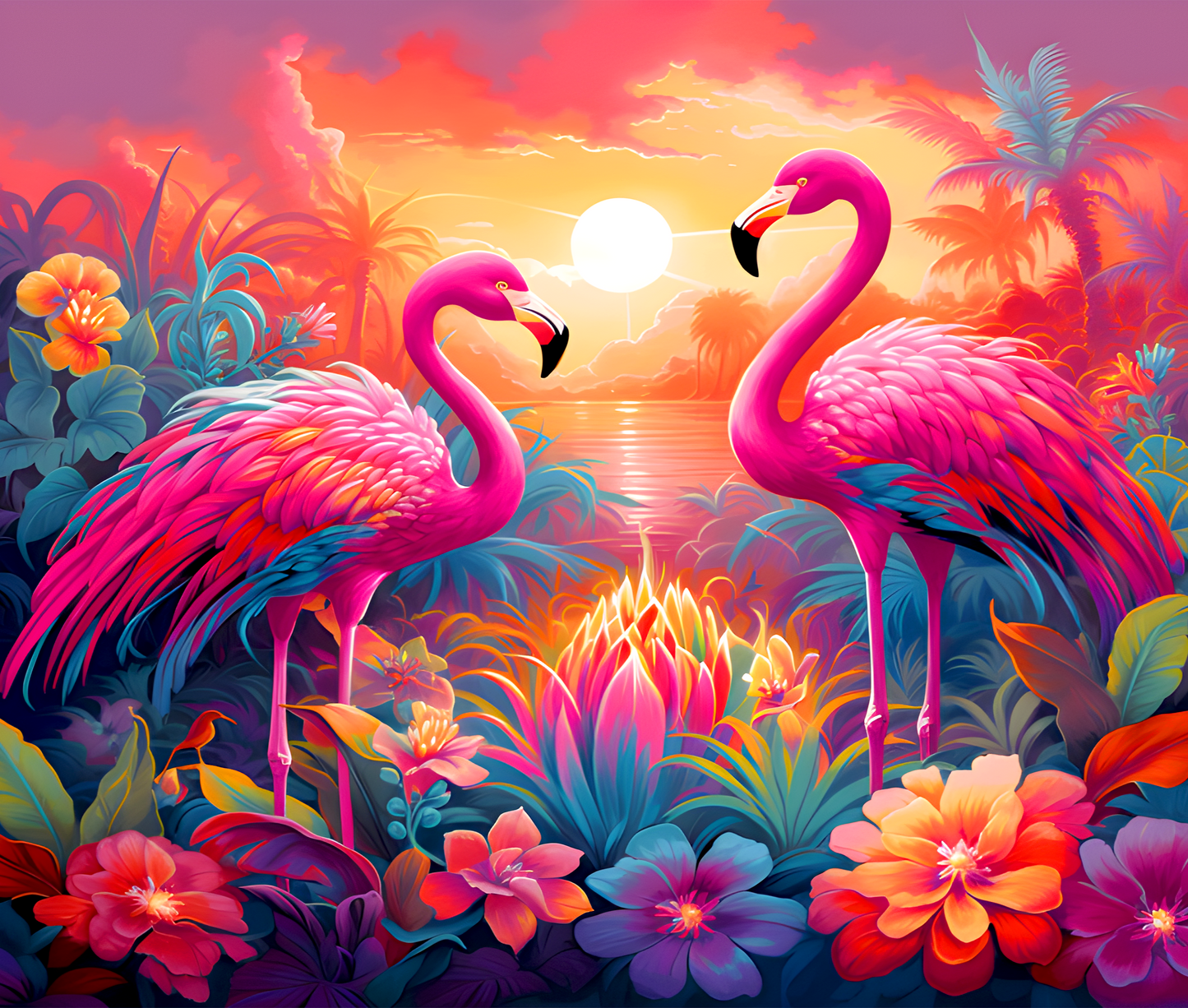 Two pink flamingos in a tropical setting with flowers and a sunset.