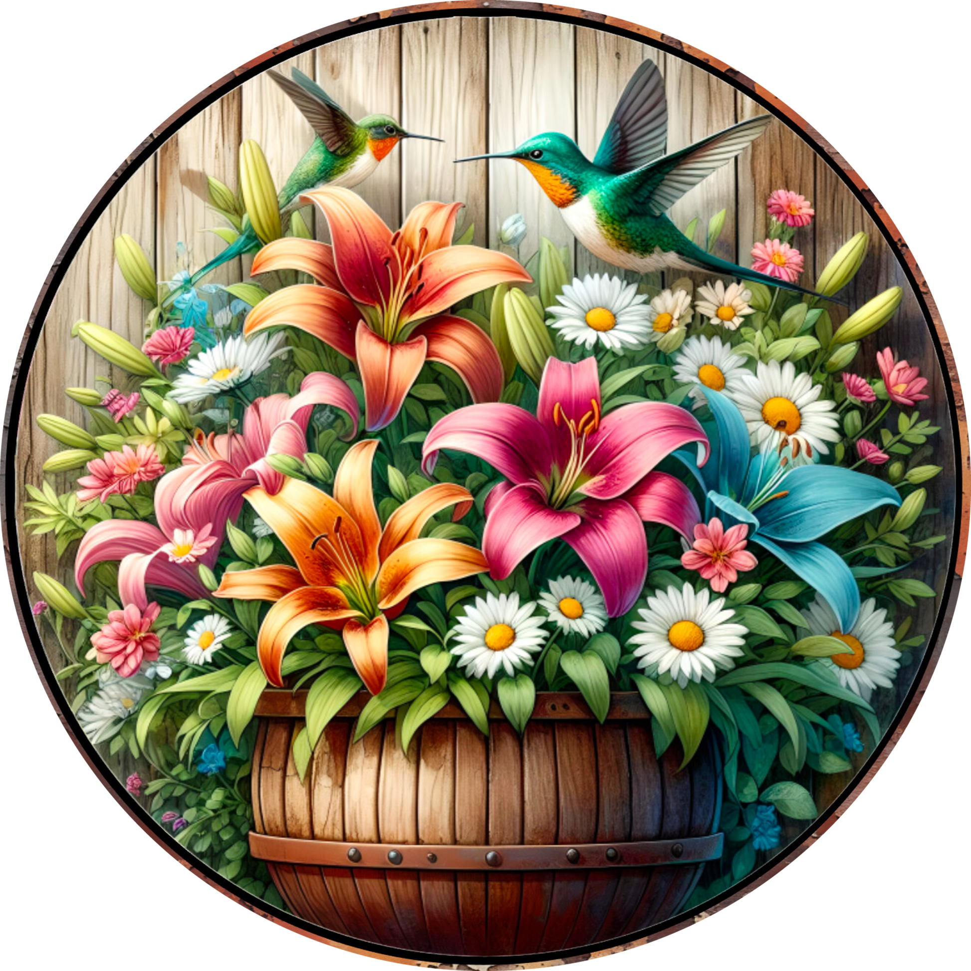 Colorful flowers, a wooden flower put with hummingbirds on a wooden background.