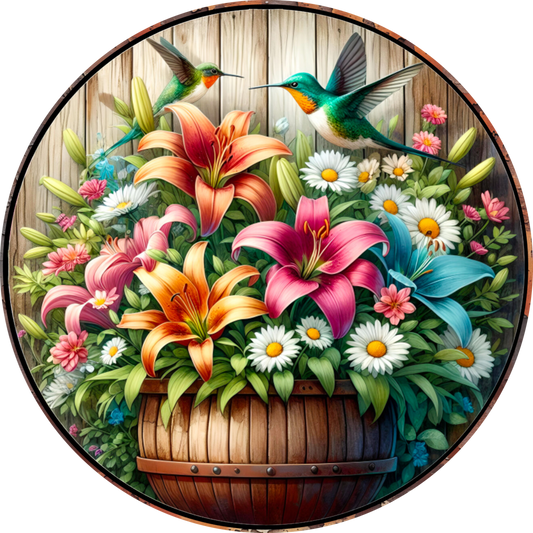 Colorful flowers, a wooden flower put with hummingbirds on a wooden background.