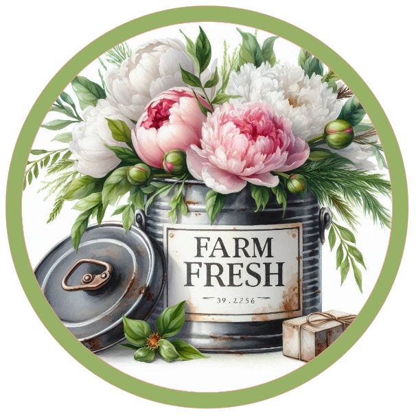 Tin can filled with flowers labeled 'Farm Fresh' 