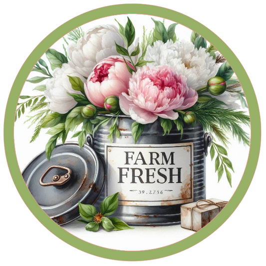 Tin can filled with flowers labeled 'Farm Fresh' 