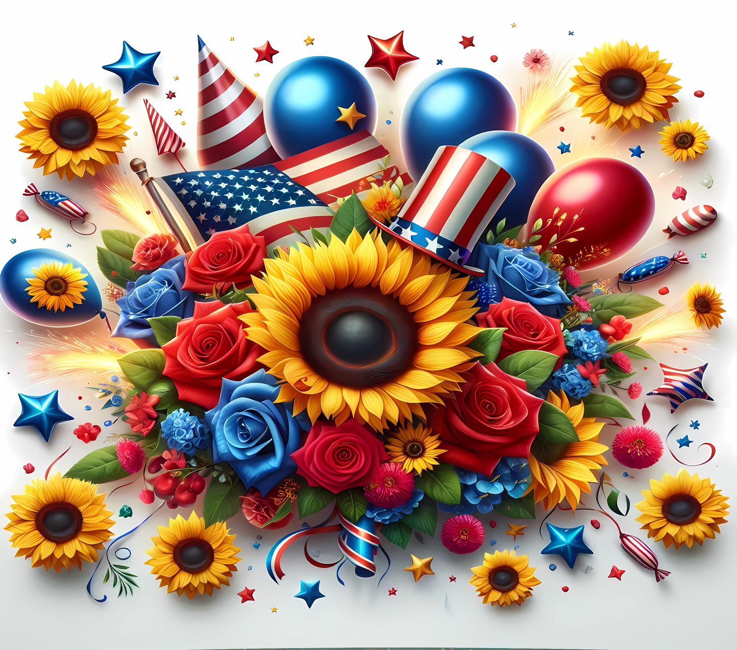 Colorful arrangement of flowers, balloons, and American flags 