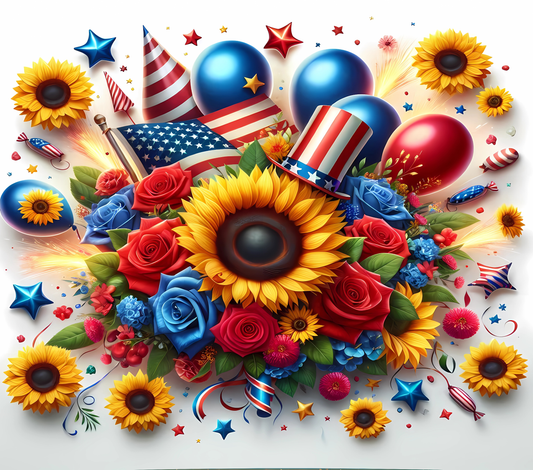 Colorful arrangement of flowers, balloons, and American flags 