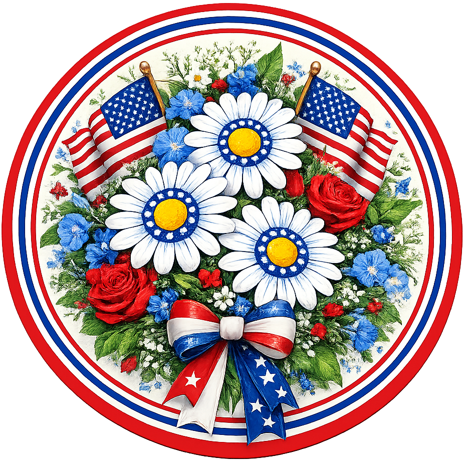 Daisies, red roses, blue flowers with American flag wreath sign by Monkey's Creations
