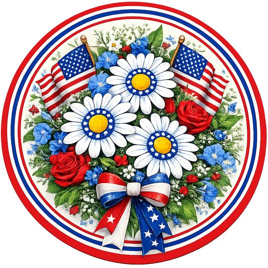 Daisies, red roses, blue flowers with American flag wreath sign by Monkey's Creations