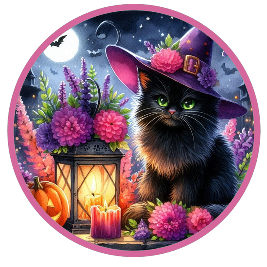 Black cat in a witch hat, flowers, jack o lantern and a lantern