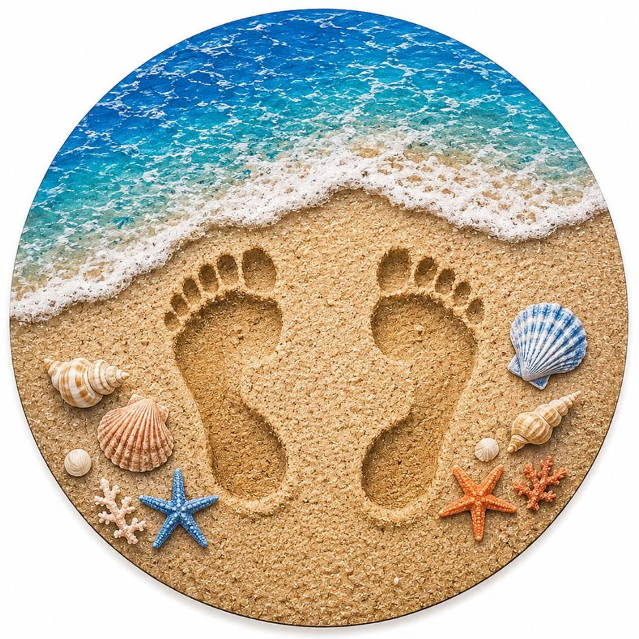 Round metal wreath sign with footprints in sand with water and seashells by Monkey's Creations.