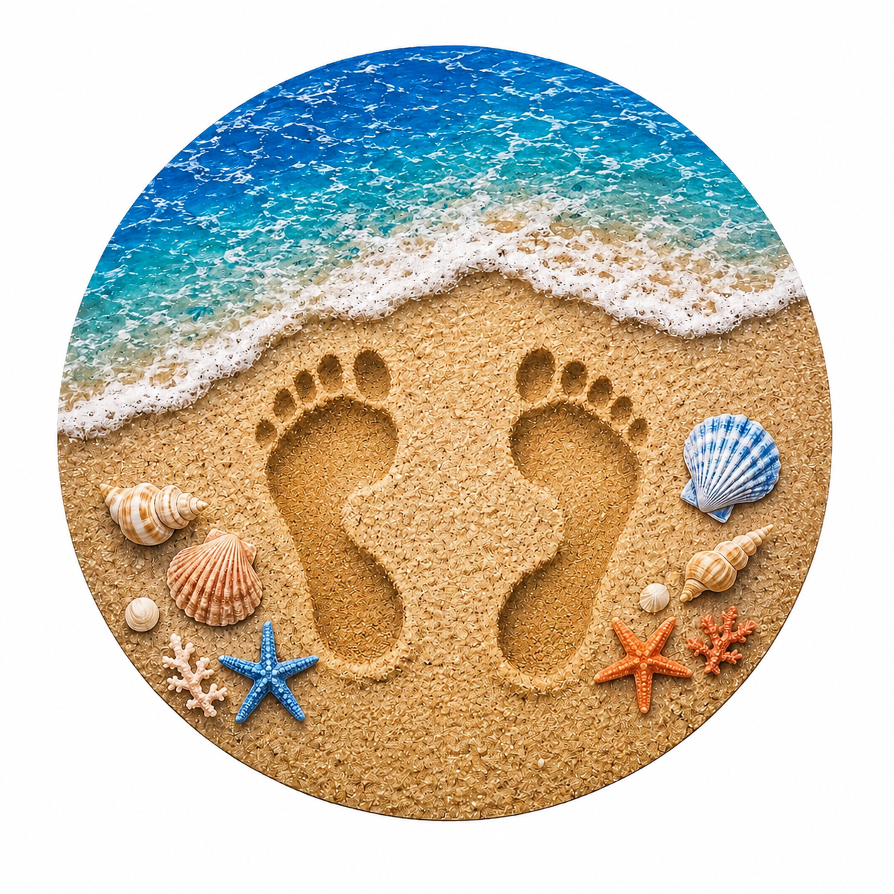Round metal wreath sign with footprints in sand with water and seashells by Monkey's Creations.