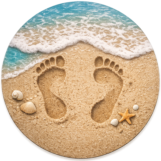 Round metal wreath sign with footprint in sand by water by Monkey's Creations.