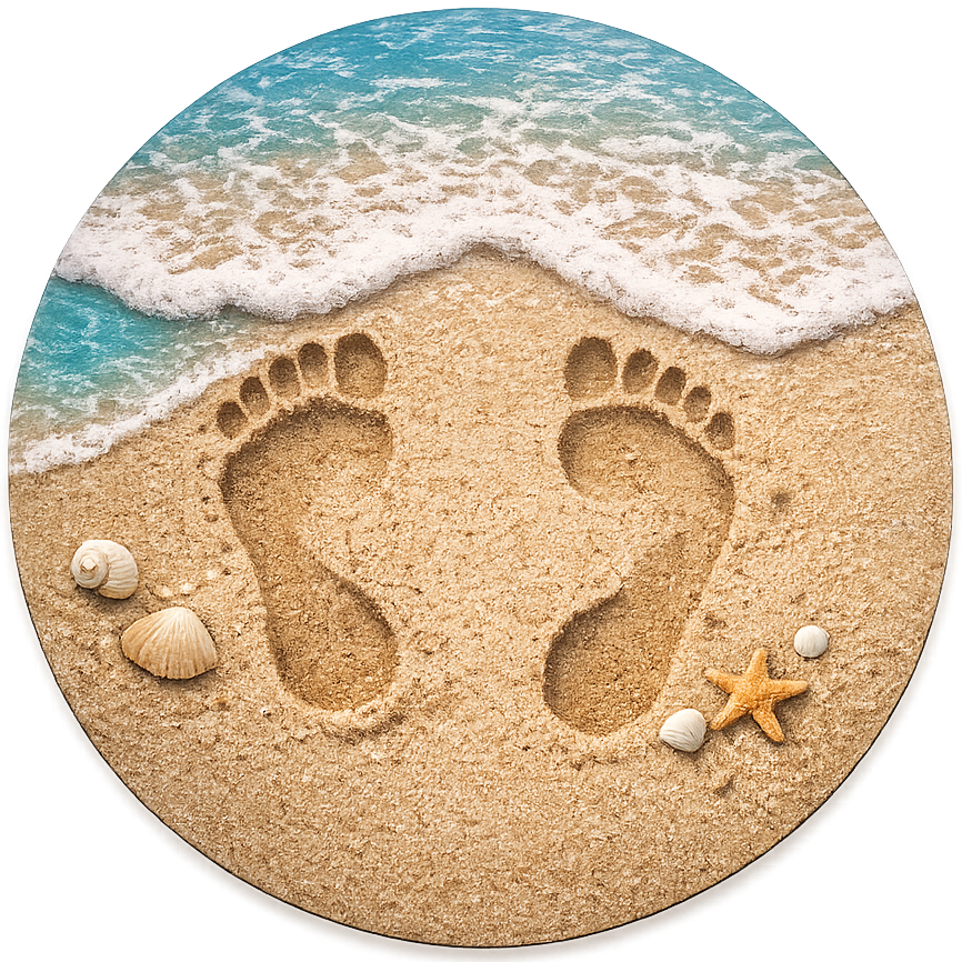 Round metal wreath sign with footprint in sand by water by Monkey's Creations.