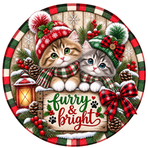 Round metal wreath sign featuring kittens in hats with winter and Christmas elements and the text "furry & bright" by Monkey's Creations. 