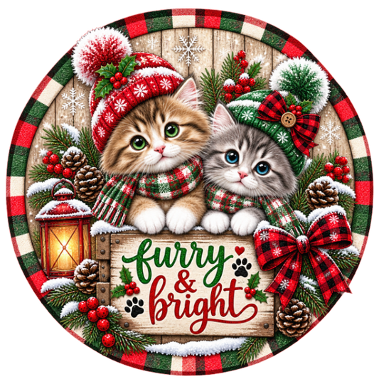 Round metal wreath sign featuring kittens in hats with winter and Christmas elements and the text "furry & bright" by Monkey's Creations. 