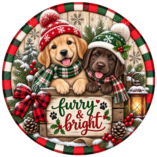 Round metal wreath sign featuring a golden and chocolate labs in winter hats with "furry & bright" by Monkey's Creations. 
