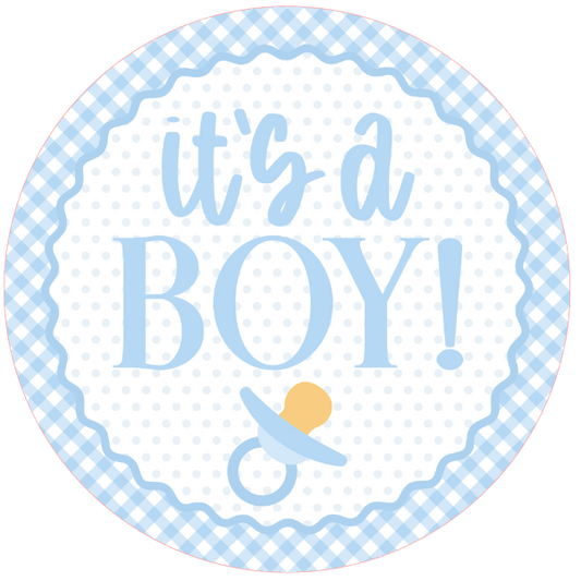 Blue check round wreath sign with text 'it's a boy!' and a pacifier 