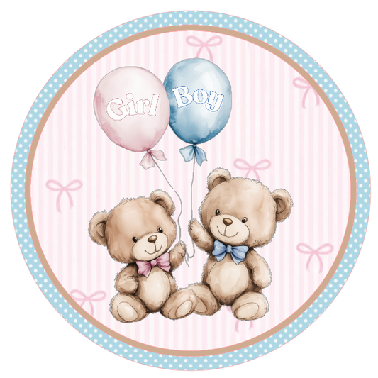 Pink and blue round wreath sign with text "girl" and "boy" and two teddy bears