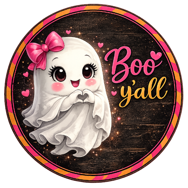 Round metal wreath sign featuring a cutesy girl ghost with heart hands and the text "Boo Y'all" by Monkey's Creations. 