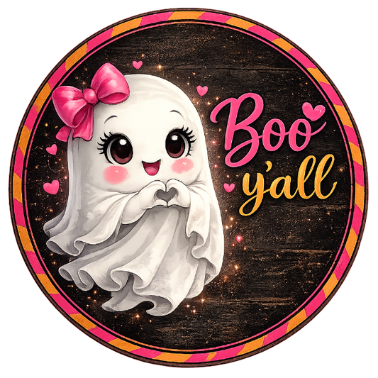Round metal wreath sign featuring a cutesy girl ghost with heart hands and the text "Boo Y'all" by Monkey's Creations. 