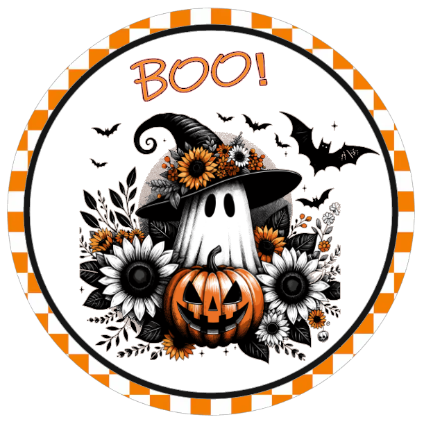 Halloween pumpkins, ghosts, and BOO text