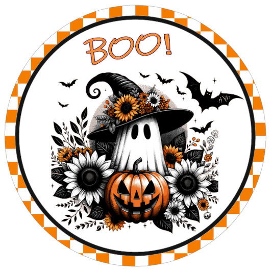 Halloween pumpkins, ghosts, and BOO text