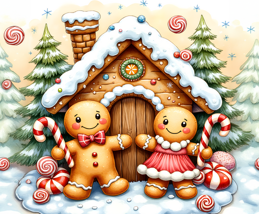 Two gingerbread people in front of a snow-covered cabin with candy canes and trees in the background.