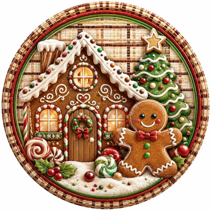 Round metal wreath sign featuring a 3D gingerbread house and cookie with a Christmas Tree by Monkey's Creations. 