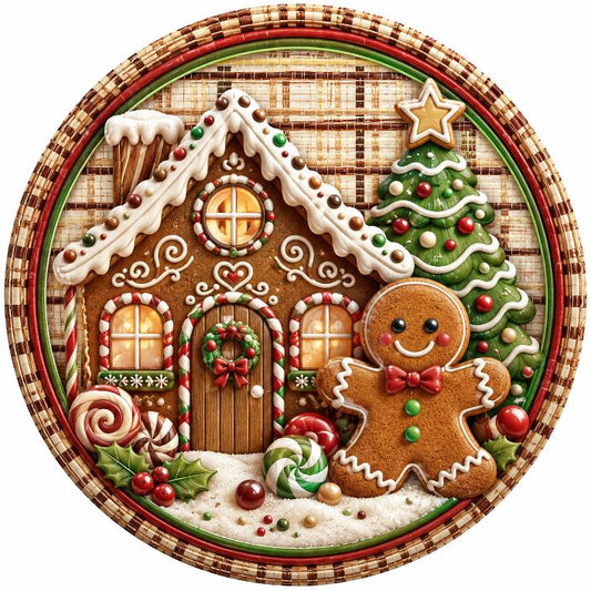 Round metal wreath sign featuring a 3D gingerbread house and cookie with a Christmas Tree by Monkey's Creations. 