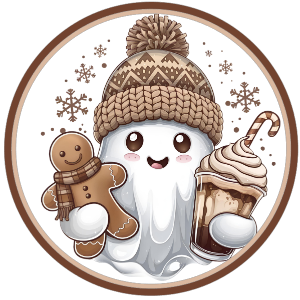 Round wreath sign with a cute cartoon ghost with a gingerbread man and ice cream cone with winter elements by Monkey's Creations.