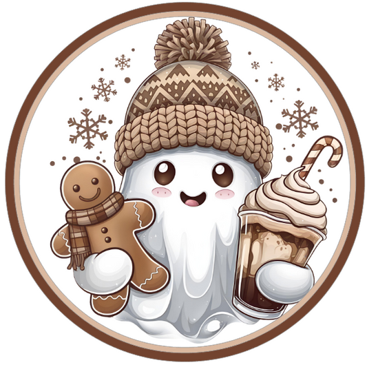 Round wreath sign with a cute cartoon ghost with a gingerbread man and ice cream cone with winter elements by Monkey's Creations.