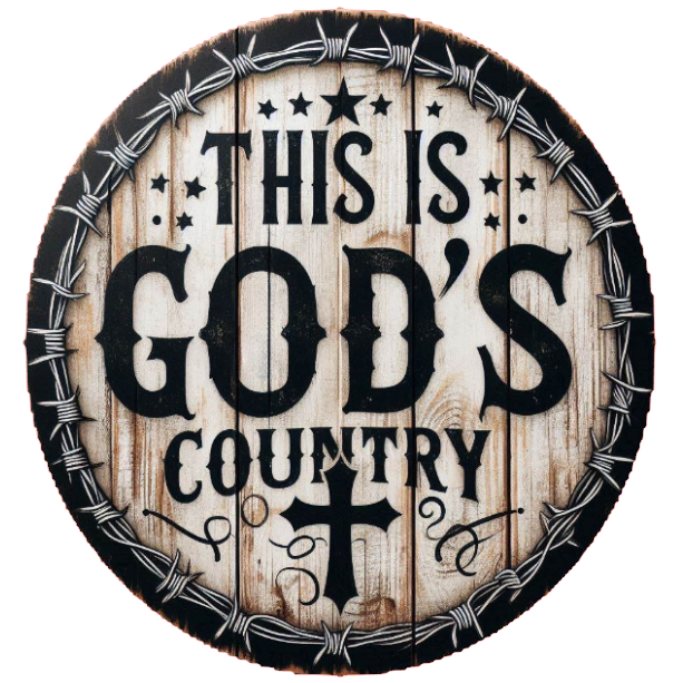 'This is God's Country' text and cross symbol 
