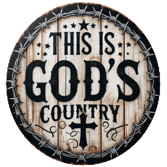 'This is God's Country' text and cross symbol 