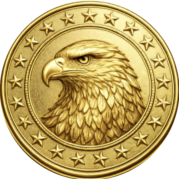 Round metal wreath sign faux gold coin with patriotic elements, an eagle head and stars