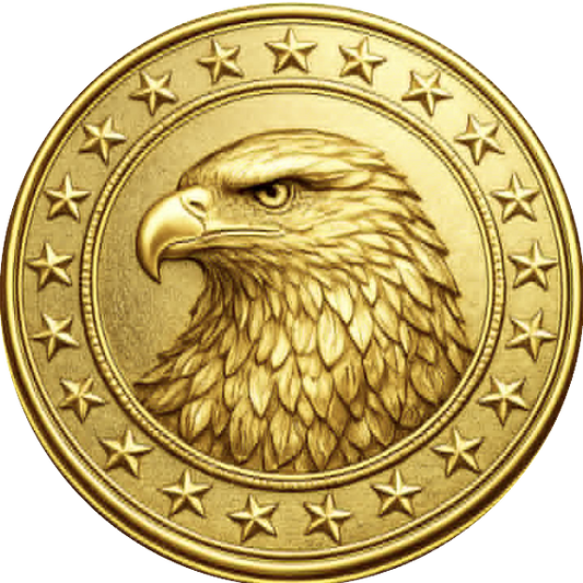 Round metal wreath sign faux gold coin with patriotic elements, an eagle head and stars