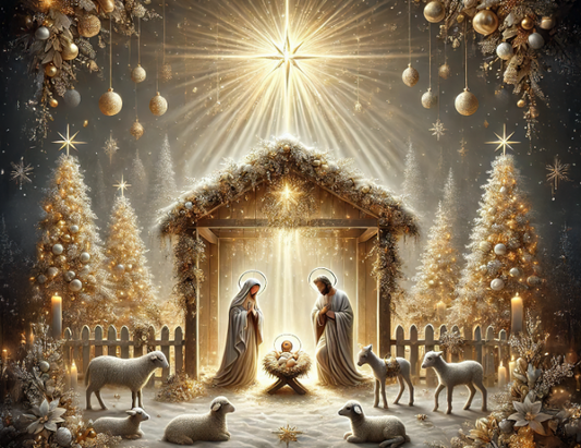Nativity scene with Mary, Joseph, and baby Jesus in a starlit sky with Christmas trees and decorations in gold, silver and white tones.