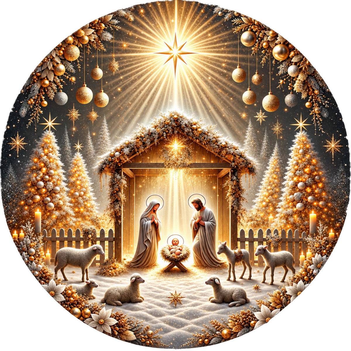 Nativity scene with Mary, Joseph, and baby Jesus in a starlit sky with Christmas trees and decorations in gold, silver and white tones.