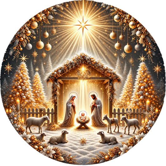 Nativity scene with Mary, Joseph, and baby Jesus in a starlit sky with Christmas trees and decorations in gold, silver and white tones.